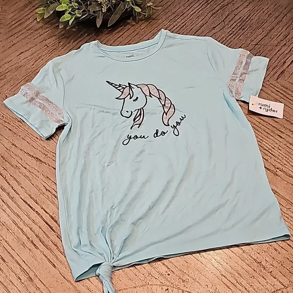 Unicorn side tie varsity t shirt size L NWT You do you